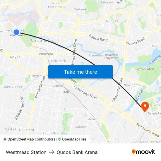 Westmead Station to Qudos Bank Arena map