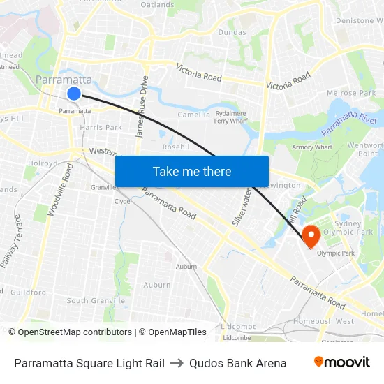 Parramatta Square Light Rail to Qudos Bank Arena map
