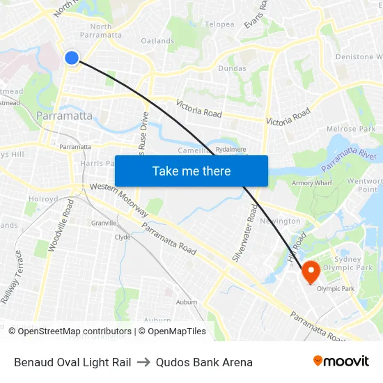 Benaud Oval Light Rail to Qudos Bank Arena map