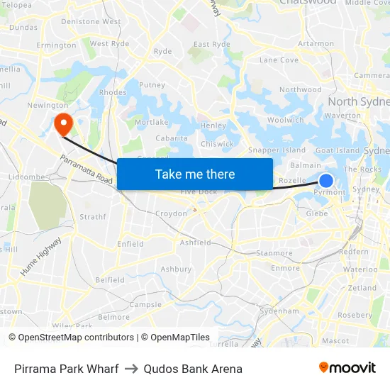 Pirrama Park Wharf to Qudos Bank Arena map