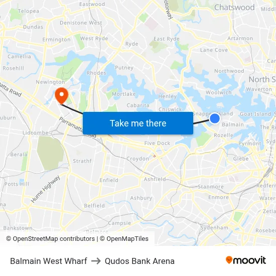 Balmain West Wharf to Qudos Bank Arena map
