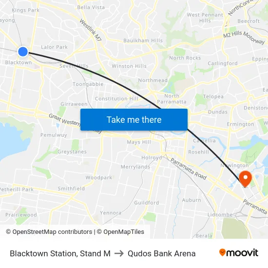 Blacktown Station, Stand M to Qudos Bank Arena map