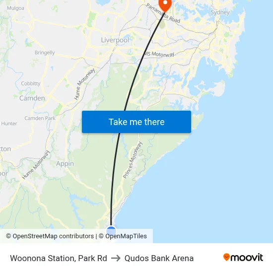 Woonona Station, Park Rd to Qudos Bank Arena map