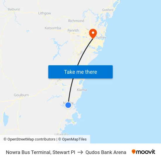 Nowra Bus Terminal, Stewart Pl to Qudos Bank Arena map