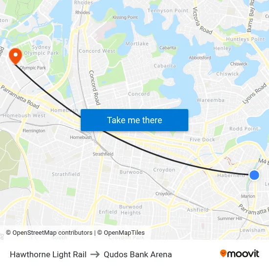 Hawthorne Light Rail to Qudos Bank Arena map