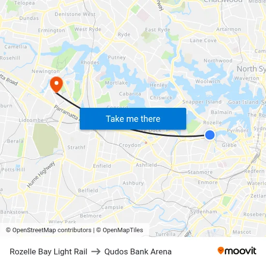 Rozelle Bay Light Rail to Qudos Bank Arena map