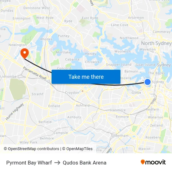 Pyrmont Bay Wharf to Qudos Bank Arena map