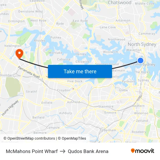 McMahons Point Wharf to Qudos Bank Arena map
