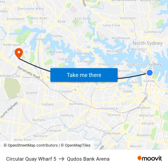 Circular Quay Wharf 5 to Qudos Bank Arena map