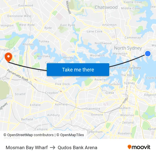 Mosman Bay Wharf to Qudos Bank Arena map