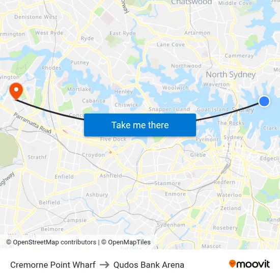 Cremorne Point Wharf to Qudos Bank Arena map
