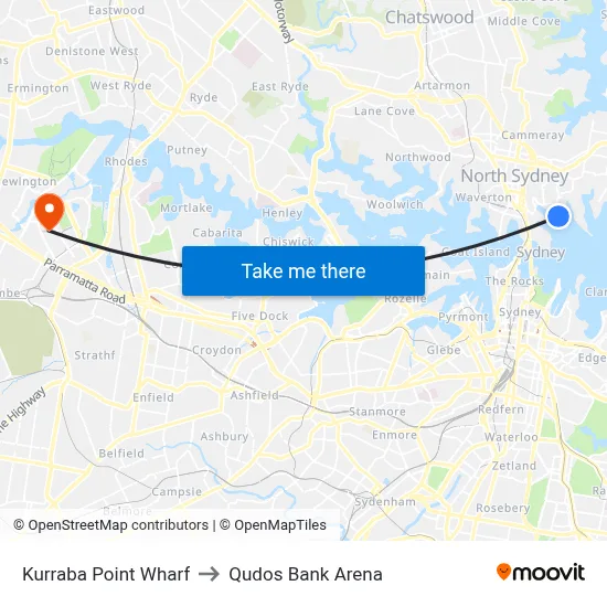 Kurraba Point Wharf to Qudos Bank Arena map