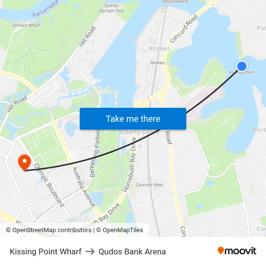 Kissing Point Wharf to Qudos Bank Arena map
