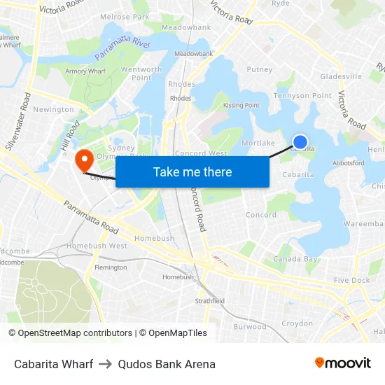 Cabarita Wharf to Qudos Bank Arena map