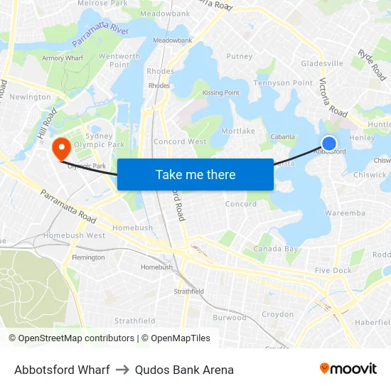 Abbotsford Wharf to Qudos Bank Arena map