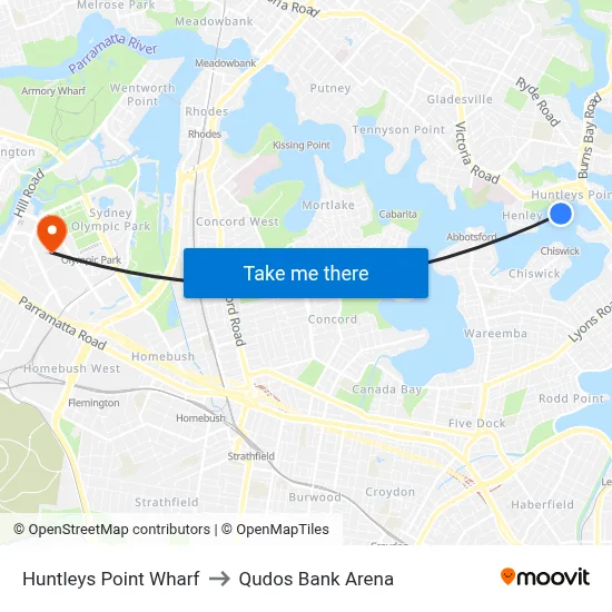 Huntleys Point Wharf to Qudos Bank Arena map