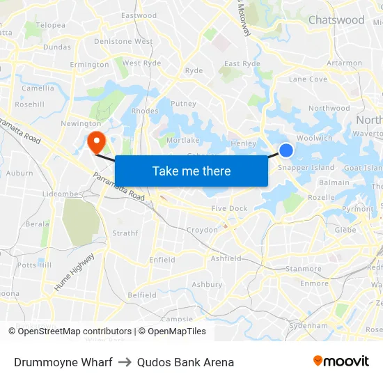 Drummoyne Wharf to Qudos Bank Arena map