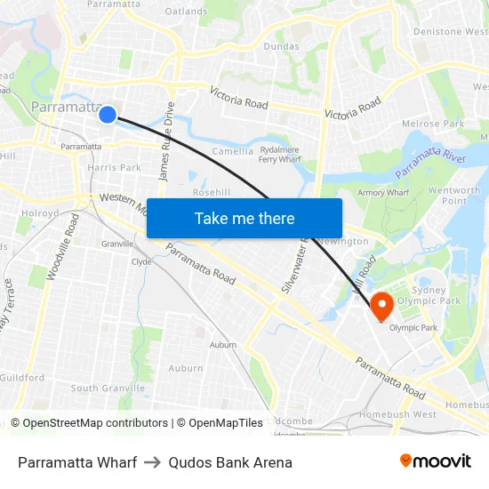 Parramatta Wharf to Qudos Bank Arena map