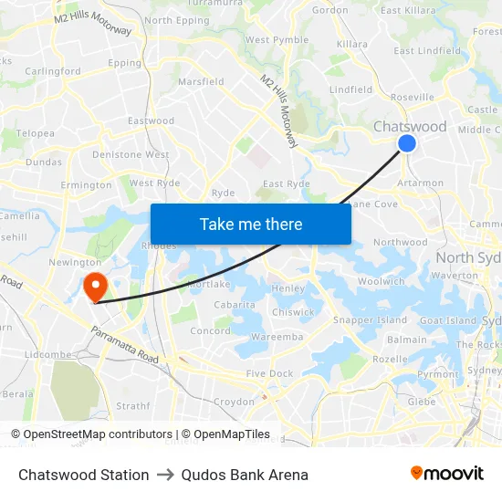 Chatswood Station to Qudos Bank Arena map