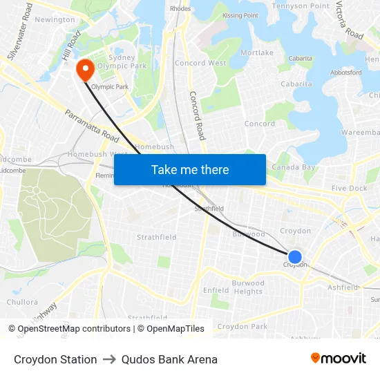 Croydon Station to Qudos Bank Arena map