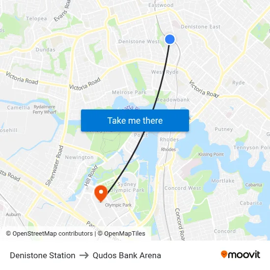 Denistone Station to Qudos Bank Arena map