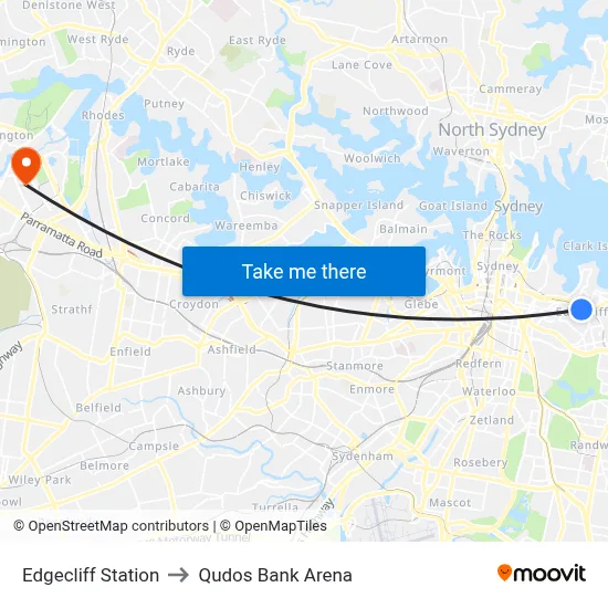 Edgecliff Station to Qudos Bank Arena map