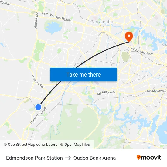 Edmondson Park Station to Qudos Bank Arena map
