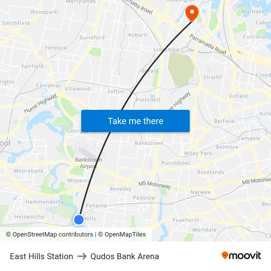 East Hills Station to Qudos Bank Arena map