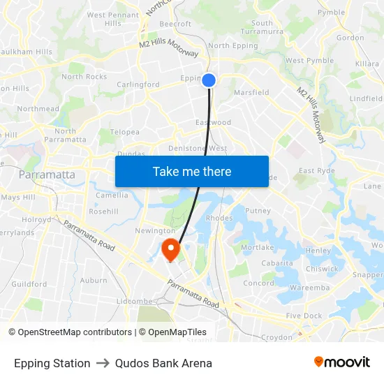 Epping Station to Qudos Bank Arena map