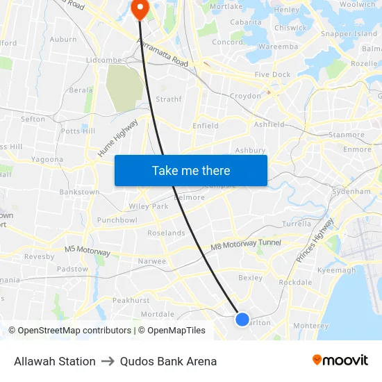 Allawah Station to Qudos Bank Arena map