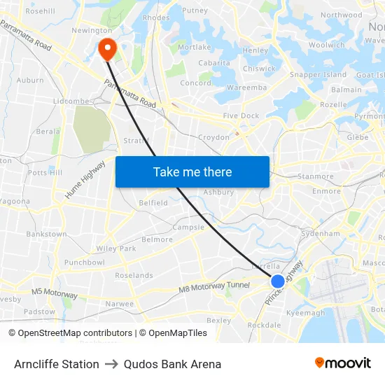 Arncliffe Station to Qudos Bank Arena map