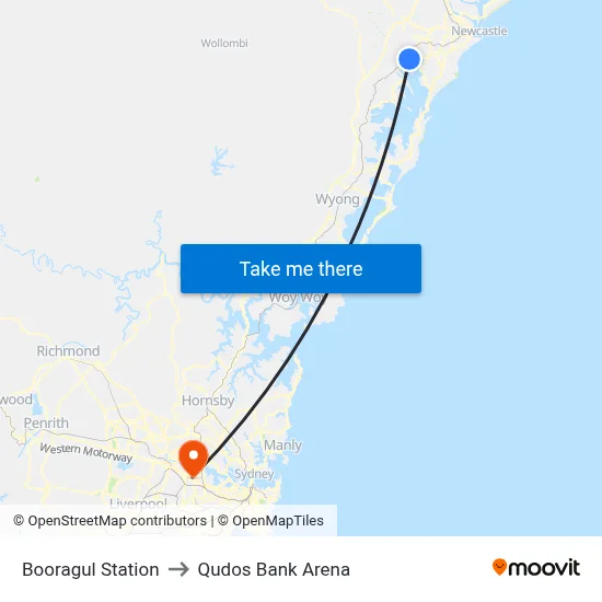 Booragul Station to Qudos Bank Arena map