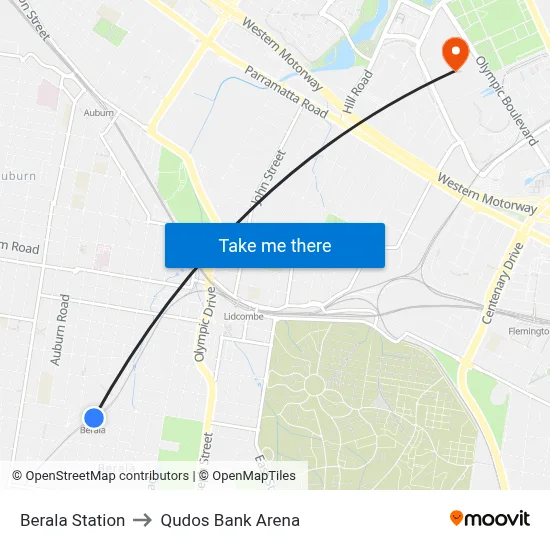 Berala Station to Qudos Bank Arena map