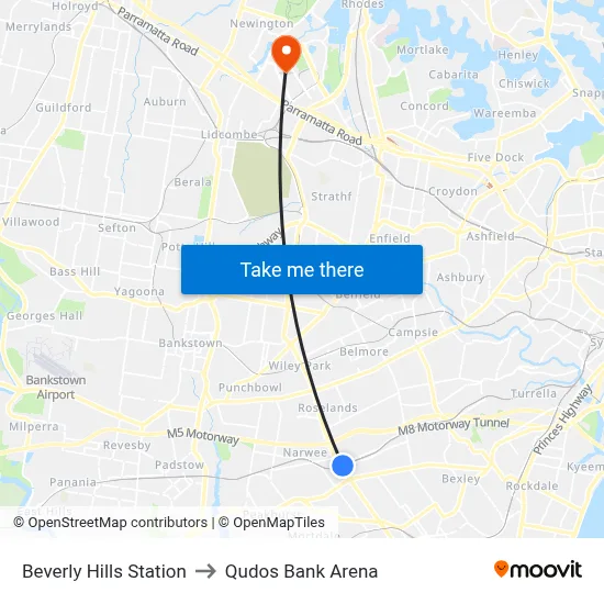 Beverly Hills Station to Qudos Bank Arena map