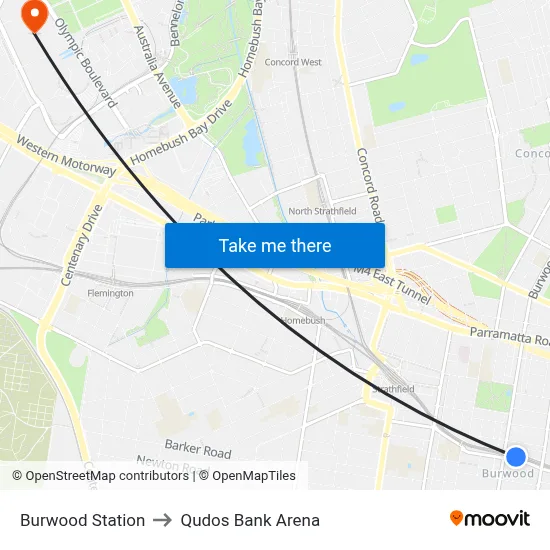 Burwood Station to Qudos Bank Arena map