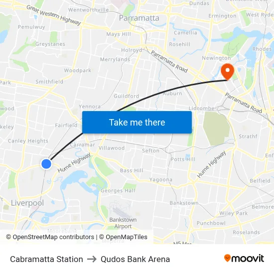Cabramatta Station to Qudos Bank Arena map