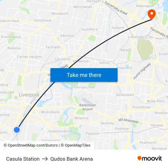 Casula Station to Qudos Bank Arena map
