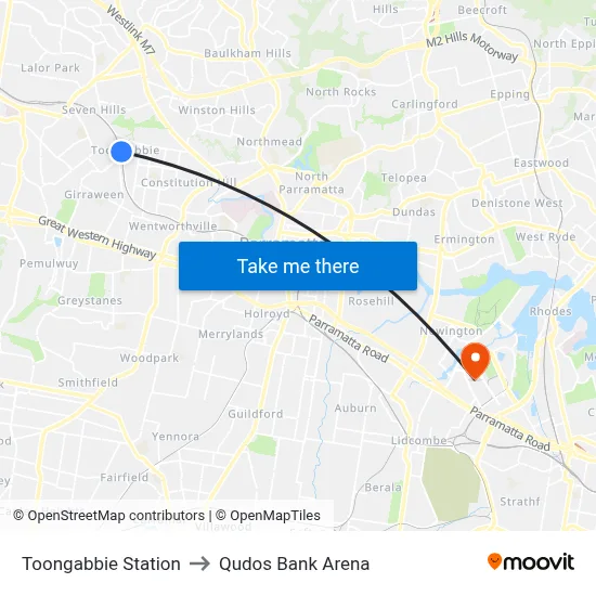 Toongabbie Station to Qudos Bank Arena map