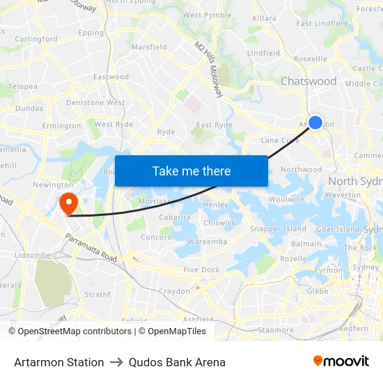 Artarmon Station to Qudos Bank Arena map
