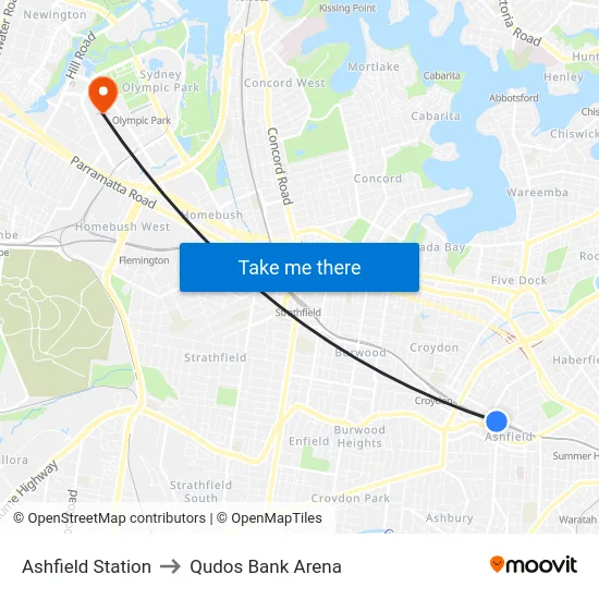 Ashfield Station to Qudos Bank Arena map