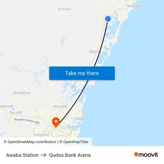 Awaba Station to Qudos Bank Arena map