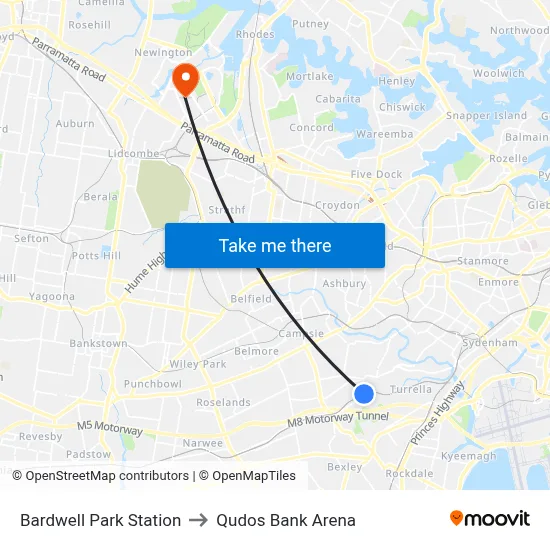 Bardwell Park Station to Qudos Bank Arena map