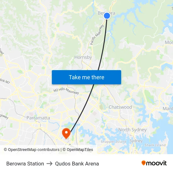 Berowra Station to Qudos Bank Arena map