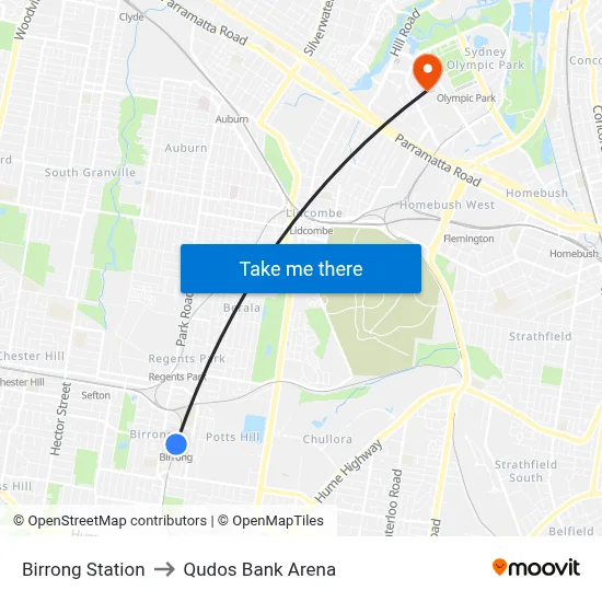 Birrong Station to Qudos Bank Arena map