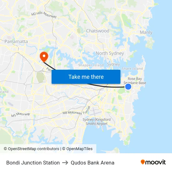 Bondi Junction Station to Qudos Bank Arena map