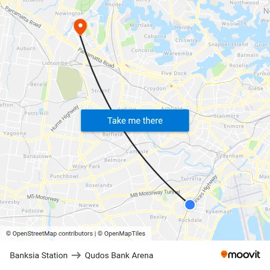 Banksia Station to Qudos Bank Arena map