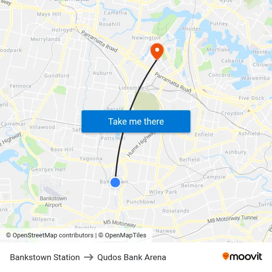 Bankstown Station to Qudos Bank Arena map