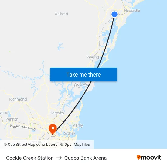 Cockle Creek Station to Qudos Bank Arena map