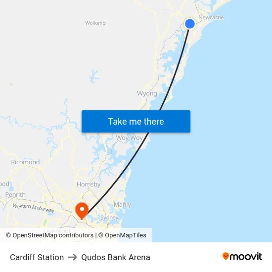 Cardiff Station to Qudos Bank Arena map