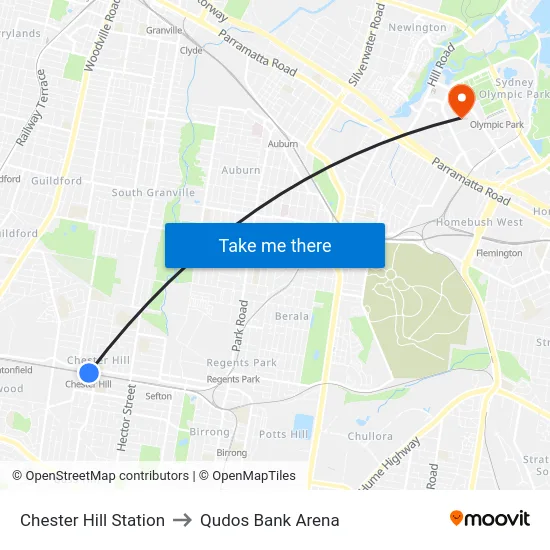Chester Hill Station to Qudos Bank Arena map